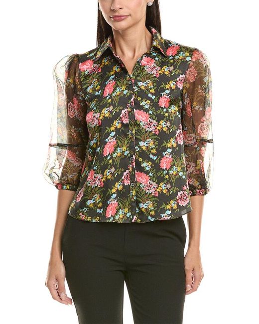 Cinq À Sept Green Karyn Impressionist Floral Silk-Trim Top