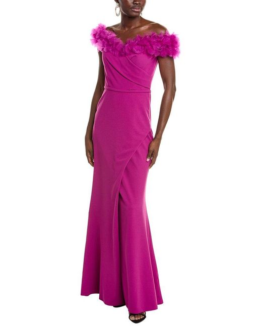 Rene Ruiz Purple Off-the-shoulder Floral Embellished Column Gown