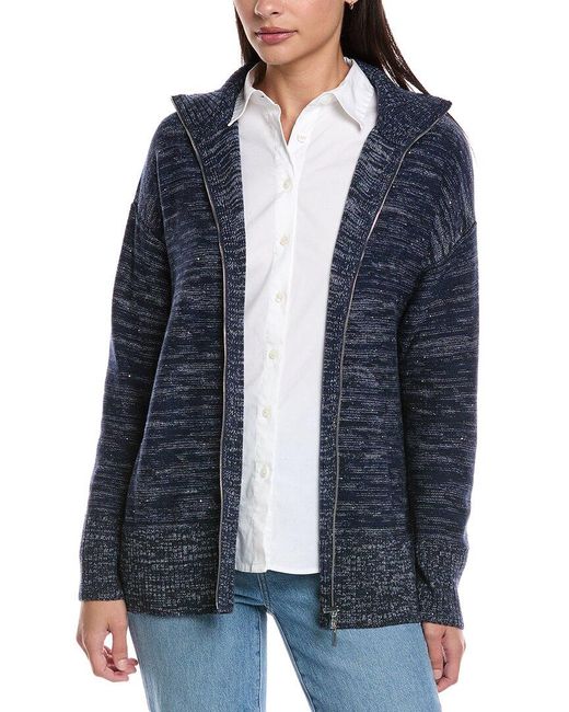 Lafayette 148 New York Blue Zip Front Relaxed Wool, Silk, & Linen-Blend Cardigan