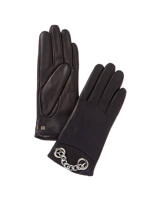 Bruno Magli Black Chain Cuff Cashmere-lined Leather Gloves