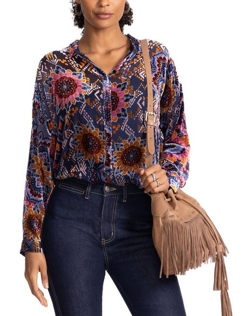 Johnny Was Blue Petite Audrey Silk-Blend Shirt