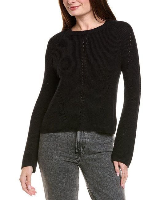 Hannah Rose Black Picot Stitch Shaker Crewneck Cashmere-Blend Sweater
