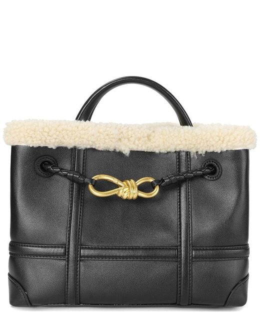 Tiffany & Fred Paris Black Smooth Leather & Shearling Top-Handle Tote