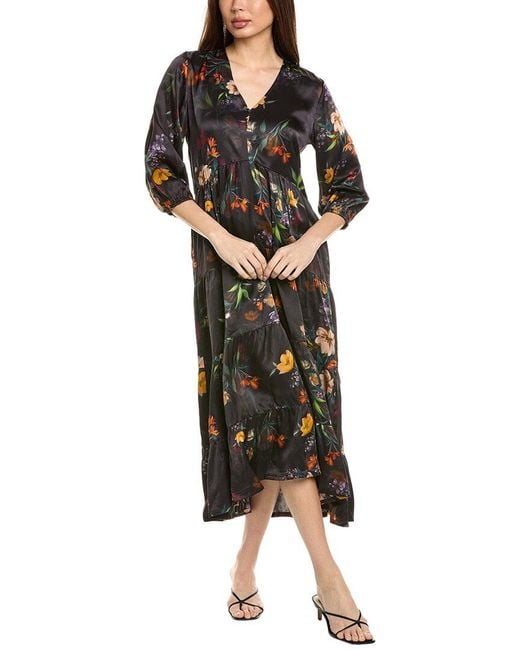 Johnny Was Black Bishop Sleeve Chevron Tiered Dress