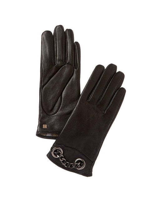 Bruno Magli Black Chain Cuff Cashmere-lined Leather Gloves