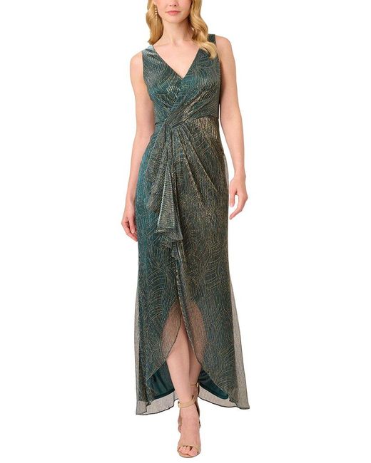 Adrianna Papell Green Metallic Ruffled Sleeveless Faux-wrap Gown