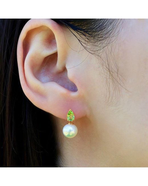 Kai Fine Jewelry Green 14K 0.90 Ct. Tw. Peridot & 8-9Mm Pearl Drop Earrings
