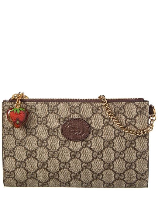 Gucci Brown Double G Strawberry GG Supreme Canvas & Leather Wrist Wallet