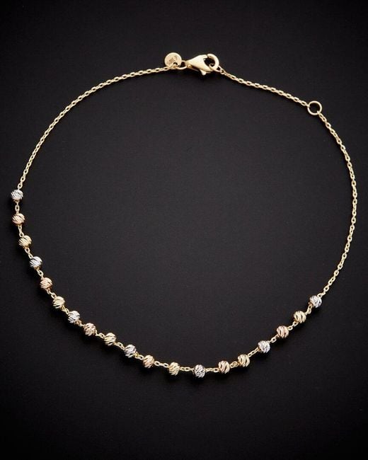 Italian Gold Black 14k Italian Tri-tone Bead Station Ankle Bracelet