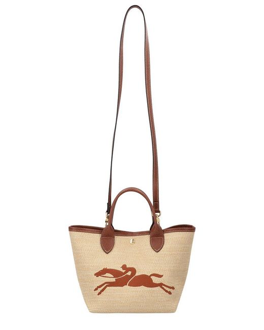 Longchamp White Le Panier Pliage Small Raffia Handle Tote With Strap