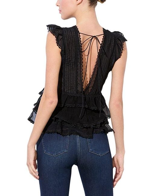 Alice + Olivia Black Blanche V Neck Ruffle Silk-Blend Swing Top