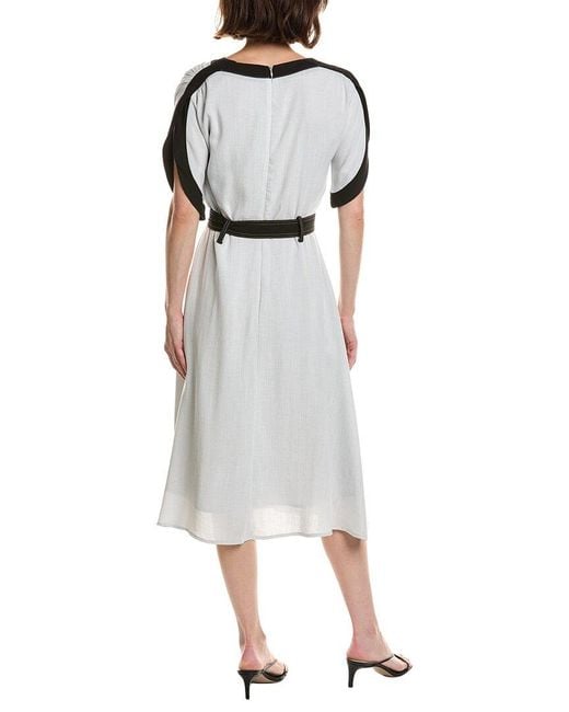 Pascale La Mode Gray V-Neck Belted Linen-Blend Midi Dress