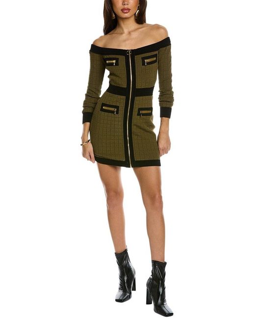 Balmain Green Short Off-the-shoulder Square Knit Mini Dress