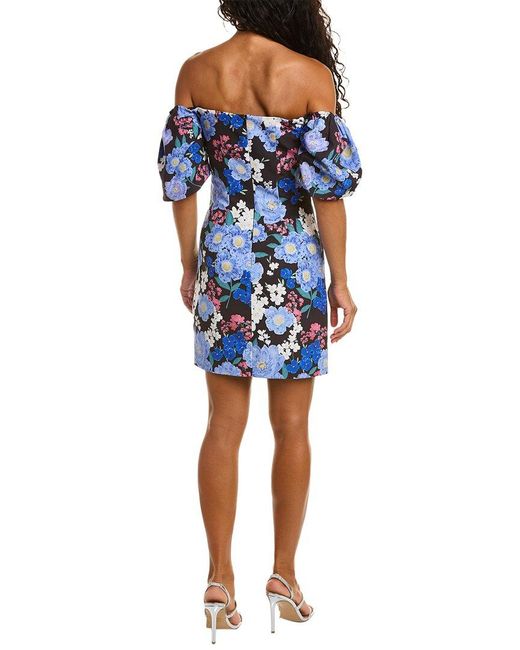 Zac Posen Blue Floral-print Off-the-shoulder Woven Mini Dress