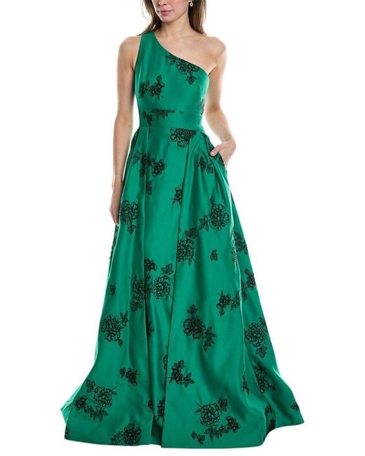 Marchesa Green One-shoulder Heavy Duchess Satin Gown