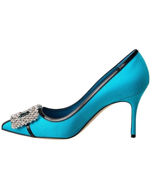 Manolo Blahnik Blue Tuberian 90 Linen & Leather Pump