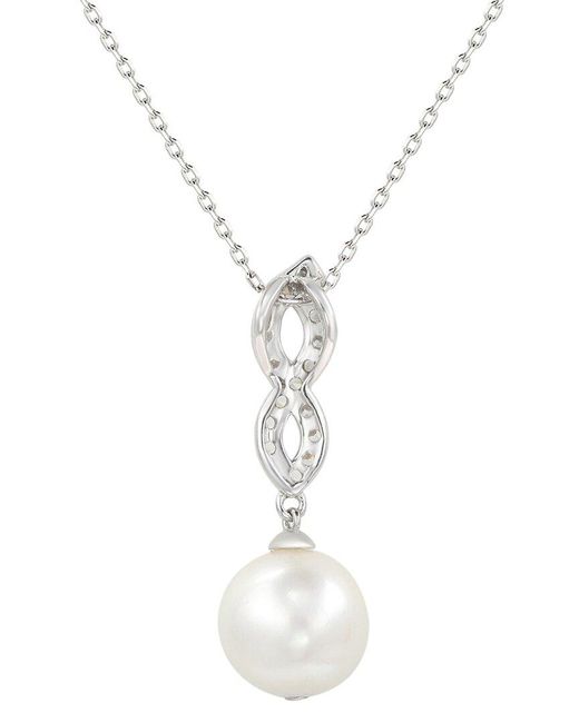 Suzy Levian White Silver Sapphire 10mm Pearl Pendant Necklace