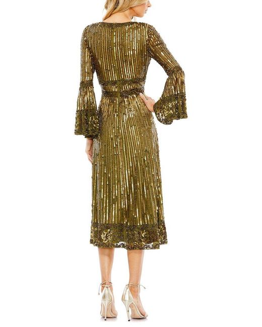 Mac Duggal Yellow Embellished 3/4 Sleeve V Neck A Line Dress