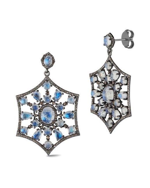 Banji Jewelry White Silver 19.73 Ct. Tw. Diamond & Rainbow Moon Stones Drop Statement Earrings