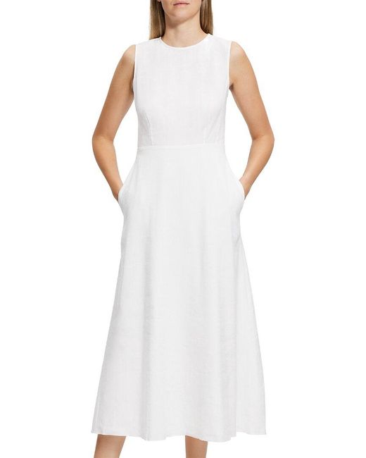 Theory White Volume Dart Linen-Blend Dress