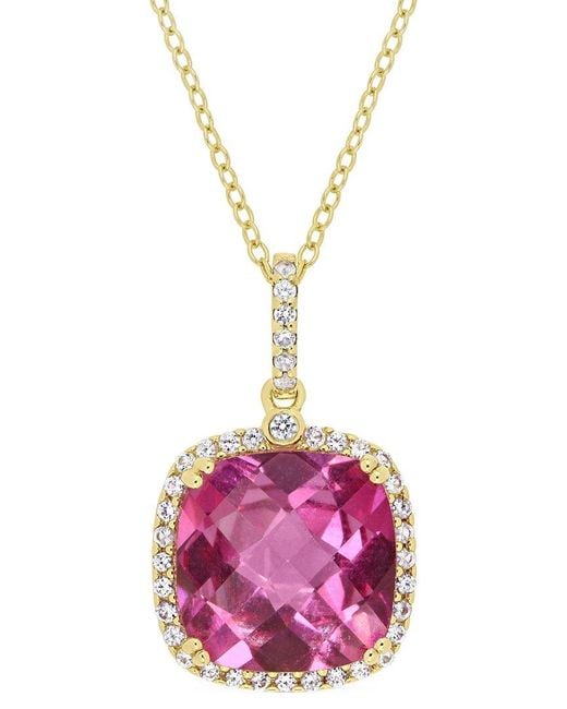 Rina Limor Gold Over Silver Silver 8.38 Ct. Tw. Pink Topaz & White Sapphire Halo Pendant Necklace
