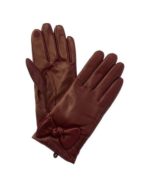 Bruno Magli Brown Bow Detail Cashmere-Lined Leather Gloves