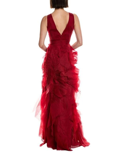 Marchesa Red Sleeveless Deep V-Neck Silk Maxi Dress