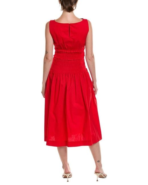 Anne Klein Red Petite Smocked Boat Neck Midi Dress