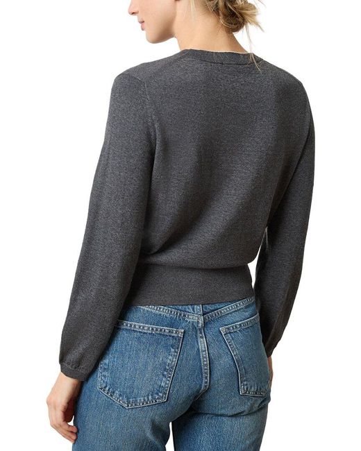 Lilla P Gray Shirred Sleeve Crewneck Linen-Blend Sweater