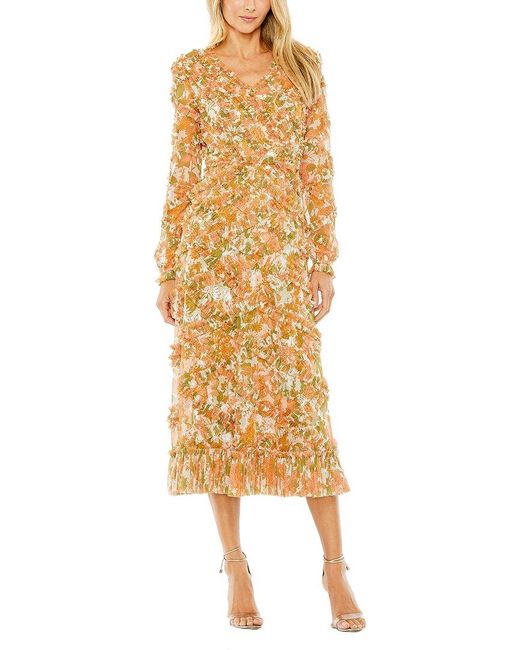 Mac Duggal Metallic Low Back Floral V Neck Ruffle Dress