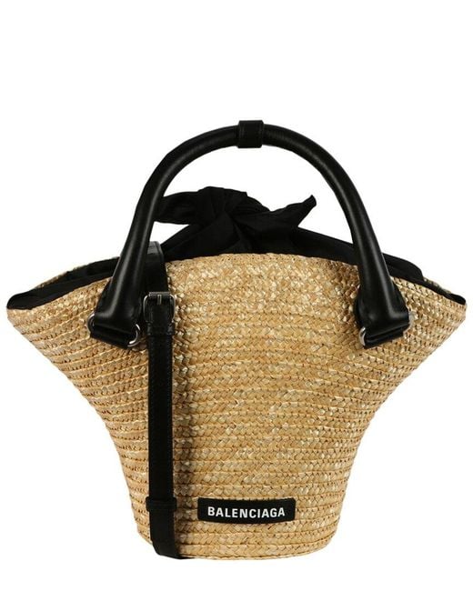 Balenciaga Black Mini Straw & Leather Beach Tote
