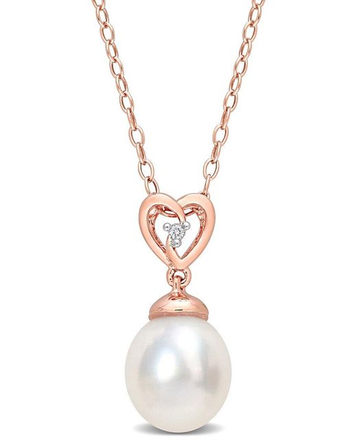 Rina Limor Rose Gold Over Silver White Topaz 8-9mm Pearl Rose Pendant