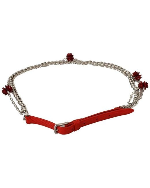 Dolce & Gabbana Red Leather Roses Floral Waist Belt