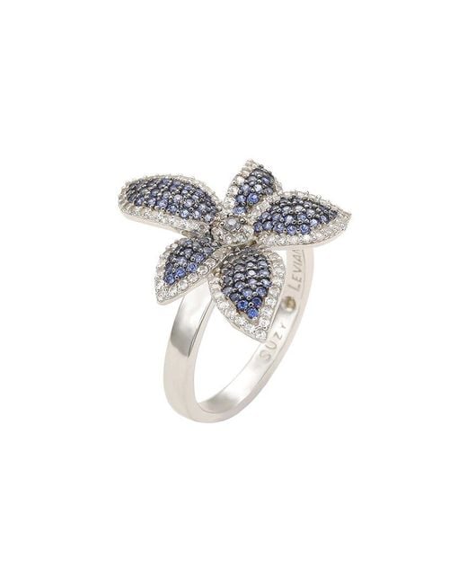 Suzy Levian White Silver 0.02 Ct. Tw. Diamond & Sapphire Ring