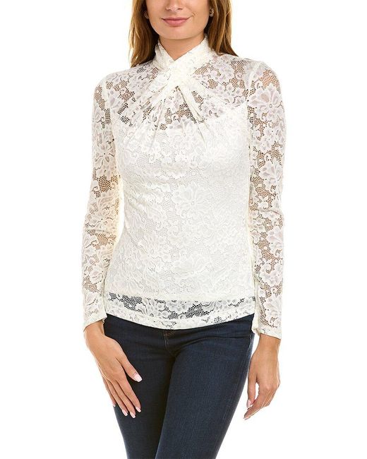 Elie Tahari Mock Neck Lace Top in White | Lyst