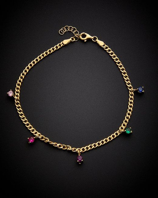 Italian Gold Over Silver Black 18k Multicolor Stone Anklet