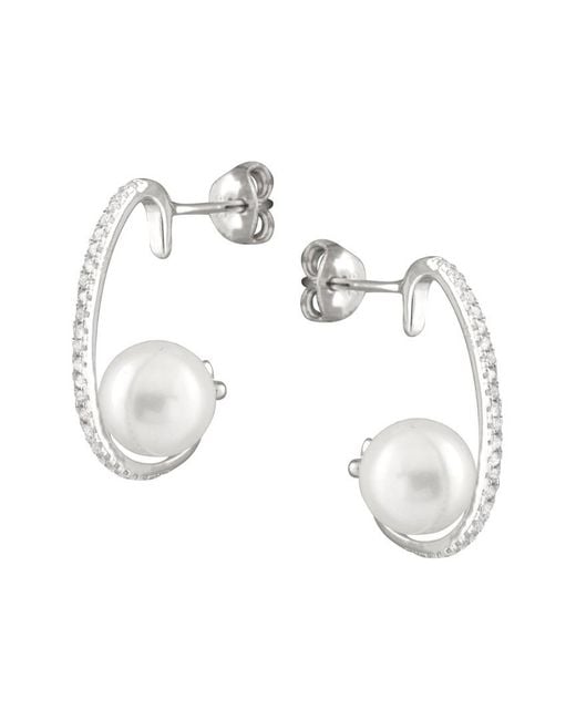 Splendid Metallic Rhodium Plated Silver 8-8.5mm Shell Pearl Drop Earrings