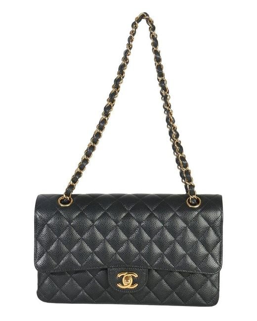 Chanel Black Leather Quilted Caviar Medium Classic Double Flap Bag (Authentic Pre-Loved)