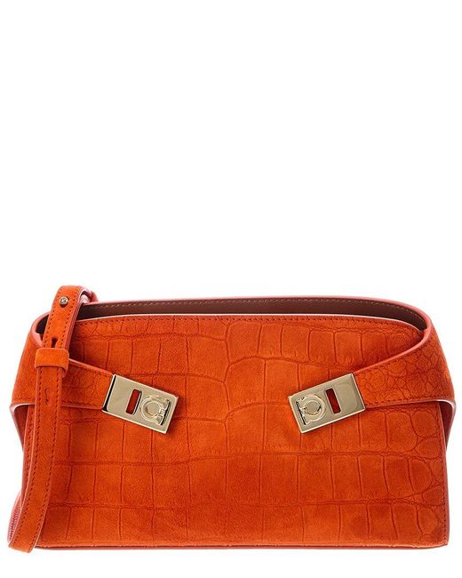Ferragamo Orange Hug Mini Croc-Embossed Suede Crossbody