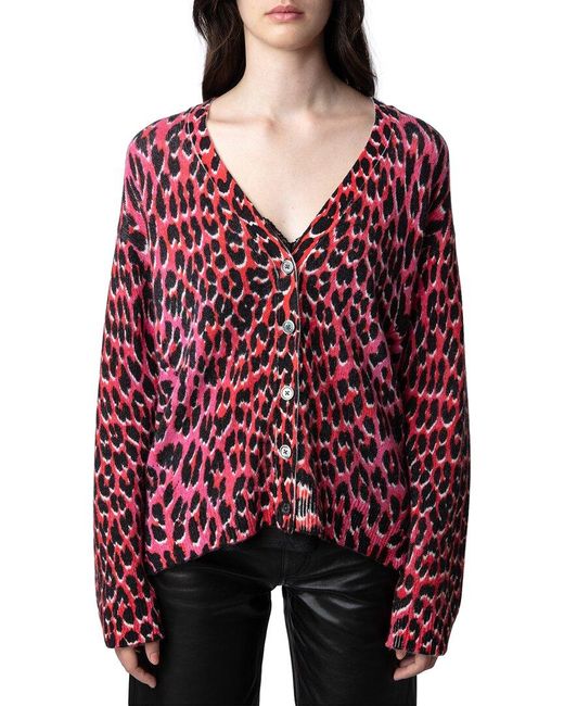 Zadig & Voltaire Red Mirka Leo Print Cashmere Cardigan