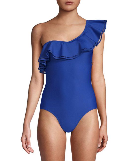 Mouillé Swimwear Blue Naomi Asymmetric Ruffled One-piece Swimsuit