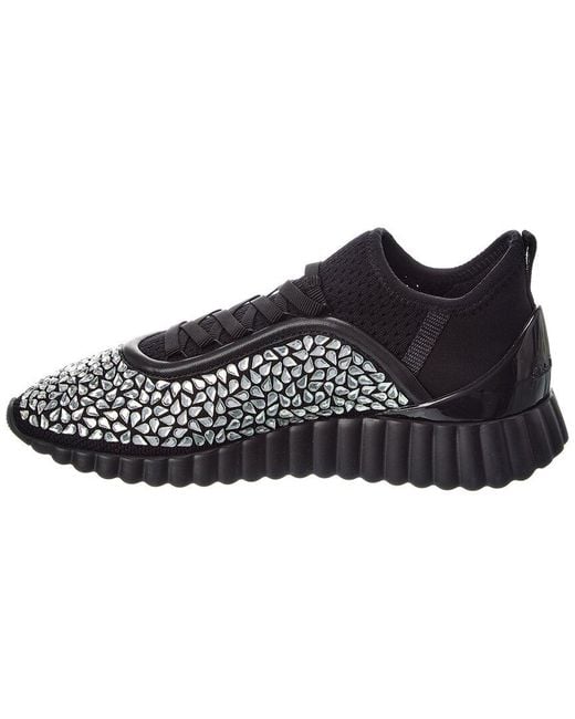 Ferragamo Black Mes Strass Leather-Trim Sneaker