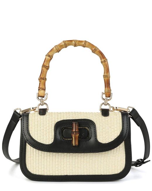 Tiffany & Fred Paris Metallic Bamboo Handle Woven Raffia & Leather Satchel