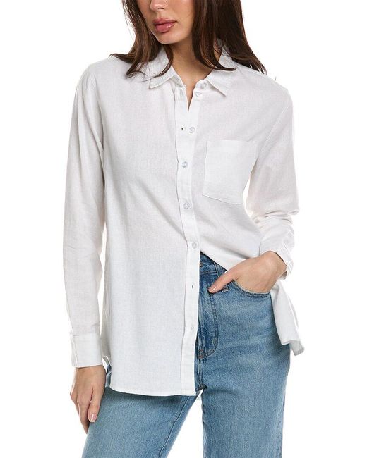 Three Dots White Button-up Linen-blend Shirt