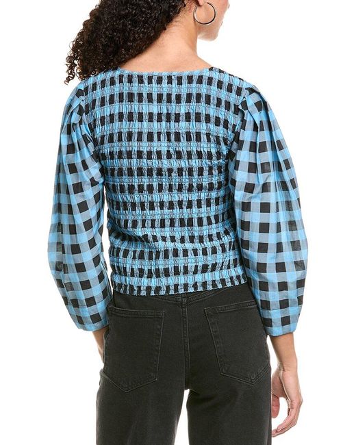 Ganni Blue Smocked Silk-blend Blouse