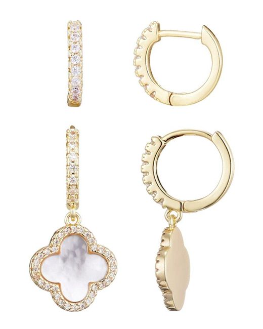 Adornia White 14K Plated Halo Clover Huggie Earrings Set