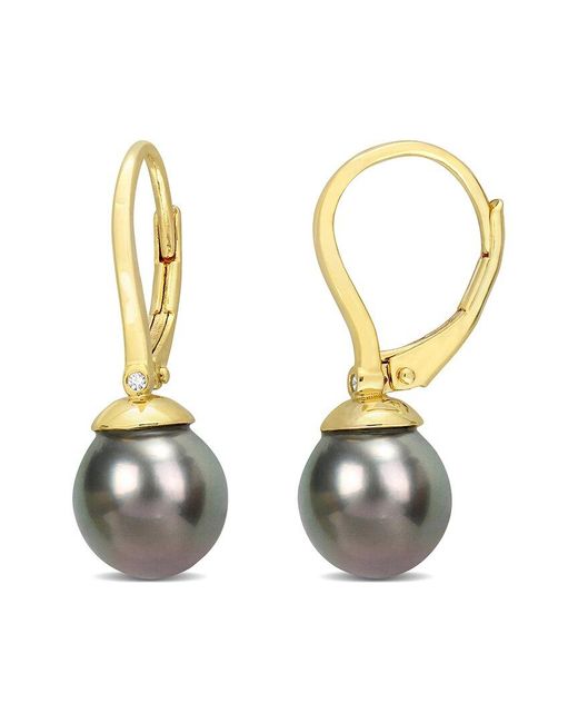 Rina Limor Metallic Gold Over Silver 0.01 Ct. Tw. Diamond 8-8.5mm Pearl Earrings