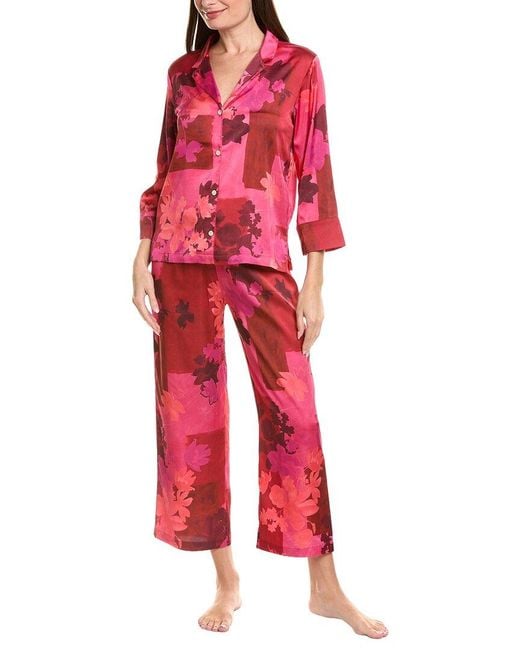 Natori Red 2Pc Coromandel Printed Stretch Satin Notch Pajama Set