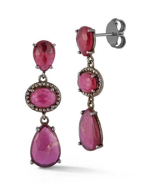 Banji Jewelry Pink Silver 17.10 Ct. Tw. Diamond & Glass Filled Ruby Drop Earrings