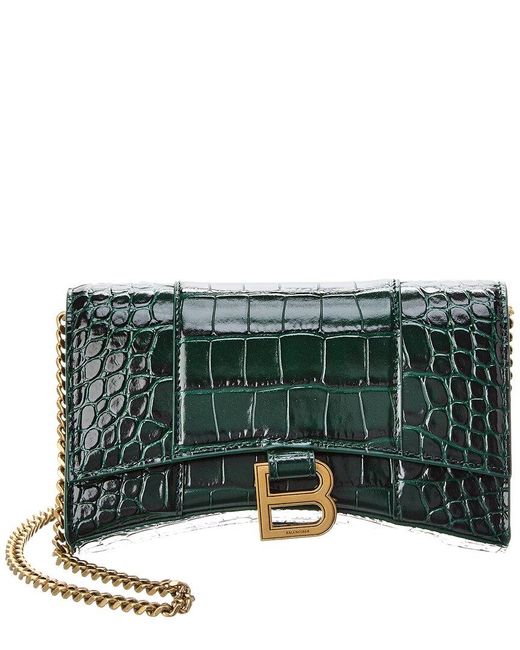 Balenciaga Green Hourglass Croc-embossed Leather Wallet On Chain